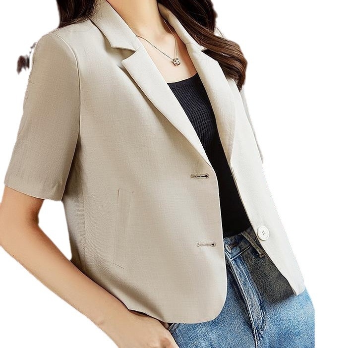 Női rövid ujjú pamut-len blézer, karcsúsított fazon, egysoros záródás