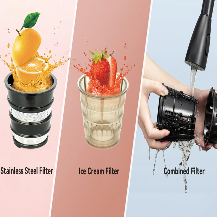 Домашна сокоизстисквачка – 200W или по-малко, 300 ml капацитет, пулп кутия 0.5–1 л, максимален изход на сок 400 ml, функции: соево мляко, мляно месо, сладолед, млечни коктейли