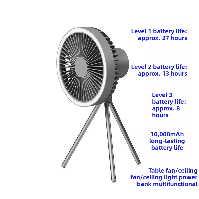 Q6G Външен къмпинг фен със светлина, 2-в-1, преносим презареждаем, висящ, трипод за палатка, таймер
