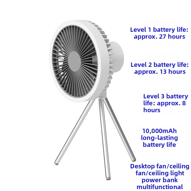 Q6G Външен къмпинг фен със светлина, 2-в-1, преносим презареждаем, висящ, трипод за палатка, таймер