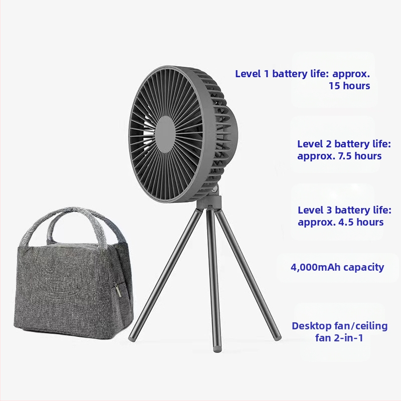 Q6G Външен къмпинг фен със светлина, 2-в-1, преносим презареждаем, висящ, трипод за палатка, таймер