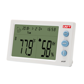 UNI-T Ψηφιακός Μετρητής Θερμοκρασίας και Υγρασίας με Ανιχνευτή, Επιτραπέζιος ή τοίχου – Εύρος θερμοκρασίας -10°C έως 50°C, Υγρασία 10–99% RH, Ανάλυση 0,1°C, Ακρίβεια ±1°C, 4,5 ιντσών LCD