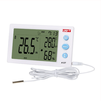 UNI-T Ψηφιακός Μετρητής Θερμοκρασίας και Υγρασίας με Ανιχνευτή, Επιτραπέζιος ή τοίχου – Εύρος θερμοκρασίας -10°C έως 50°C, Υγρασία 10–99% RH, Ανάλυση 0,1°C, Ακρίβεια ±1°C, 4,5 ιντσών LCD
