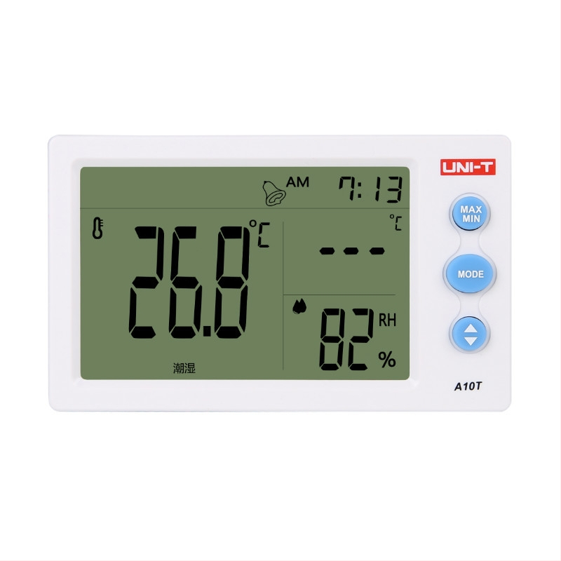 UNI-T Digitálny teplotno-vlhkomer s sondou, stolný alebo nástenný montáž – rozsah teploty -10 až 50 °C, vlhkosť 10–99% RH, rozlíšenie 0,1 °C, presnosť ±1 °C, 4,5 palcový LCD