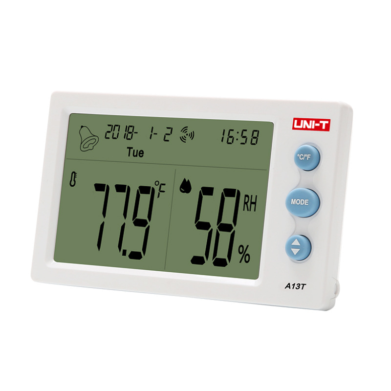UNI-T Digitális hőmérséklet- és páratartalom-mérőgép, külső probez, asztali és falra szerelhető kivitel – -10°C és 50°C közötti hőmérséklet-tartomány, 10–99% RH, felbontás 0,1°C, pontosság ±1°C, 4,5 hüvelykes LCD