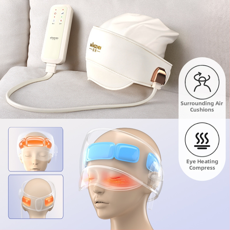 Шлем масажор за глава и очи с въздушна възглавница и горещ компрес – презареждащ се, 3 нива, интегриран масаж на глава и очи