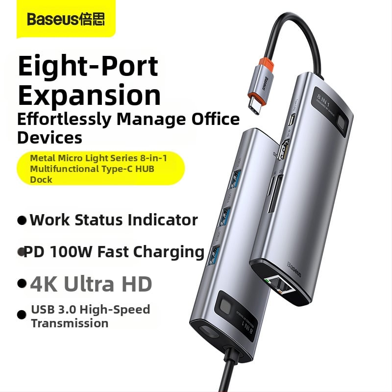 Baseus Metal Microlight Series 8-σε-1 Type-C hub, USB 3.0, καλώδιο 0,25 μ., χωρίς εξωτερική τροφοδοσία