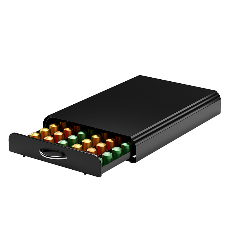 Raft metalic pentru capsule Nespresso cu sertar – bază pentru aparat de cafea, design cu lux discret