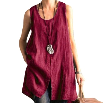 Γυναικείο γιλέκο από βαμβάκι-λινό, στρογγυλή λαιμόκοψη, χαλαρή γραμμή, πάνελ με ραφές, μονόχρωμο