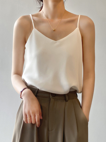 Σατέν γυναικείο τοπ χωρίς μανίκια με V-λαιμό, ιμάντες τύπου σπαγγέτι, ελεύθερη γραμμή, καλοκαιρινό στυλ