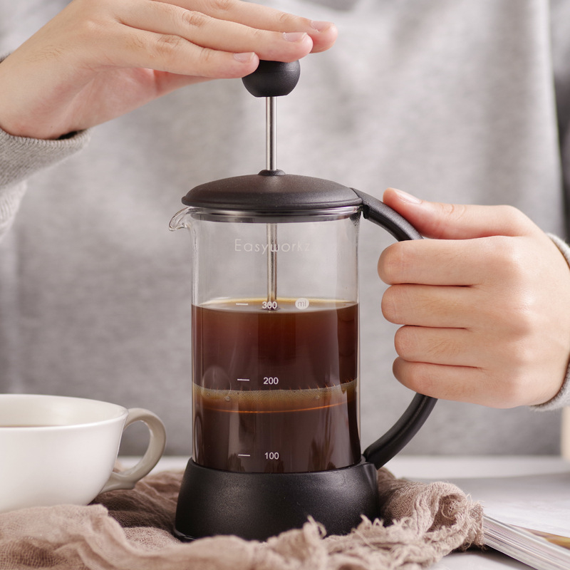 Easyworkz Prancūziška kavos spaudimo indas – 304 nerūdijamas plienas, karščiui atsparus stiklas, integruotas filtras, paprastas dizainas