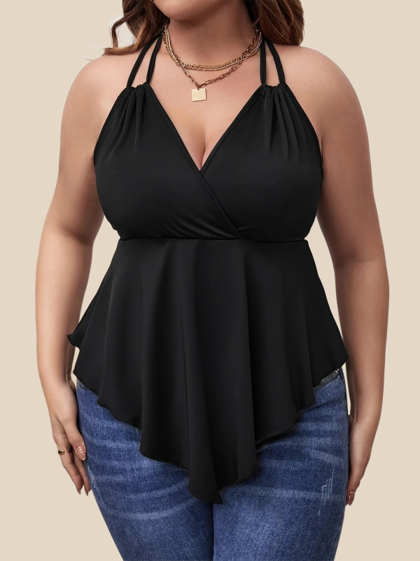 Sling-stílusú top, bő szabás, poliészter–elasztán keverék, hátul nyitott, hossz 50–65 cm