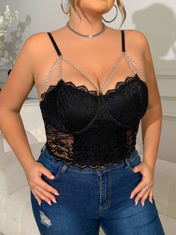 Nėrinių topas su palaikymu po krūtine, grandininės petnešos, trumpas modelis, poliesteris