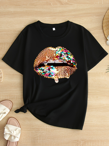 Női pamut T-shirt lazán szabott, kerek nyakú, rövid ujjú, nyomtatás, 90–95% pamut