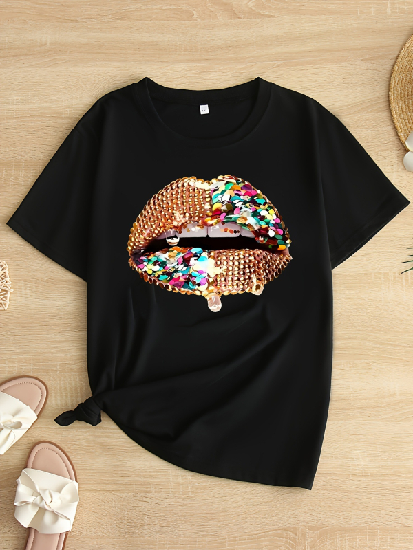 Női pamut T-shirt lazán szabott, kerek nyakú, rövid ujjú, nyomtatás, 90–95% pamut