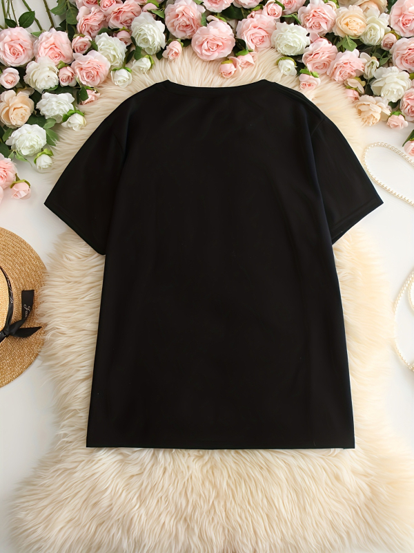 Női pamut T-shirt lazán szabott, kerek nyakú, rövid ujjú, nyomtatás, 90–95% pamut