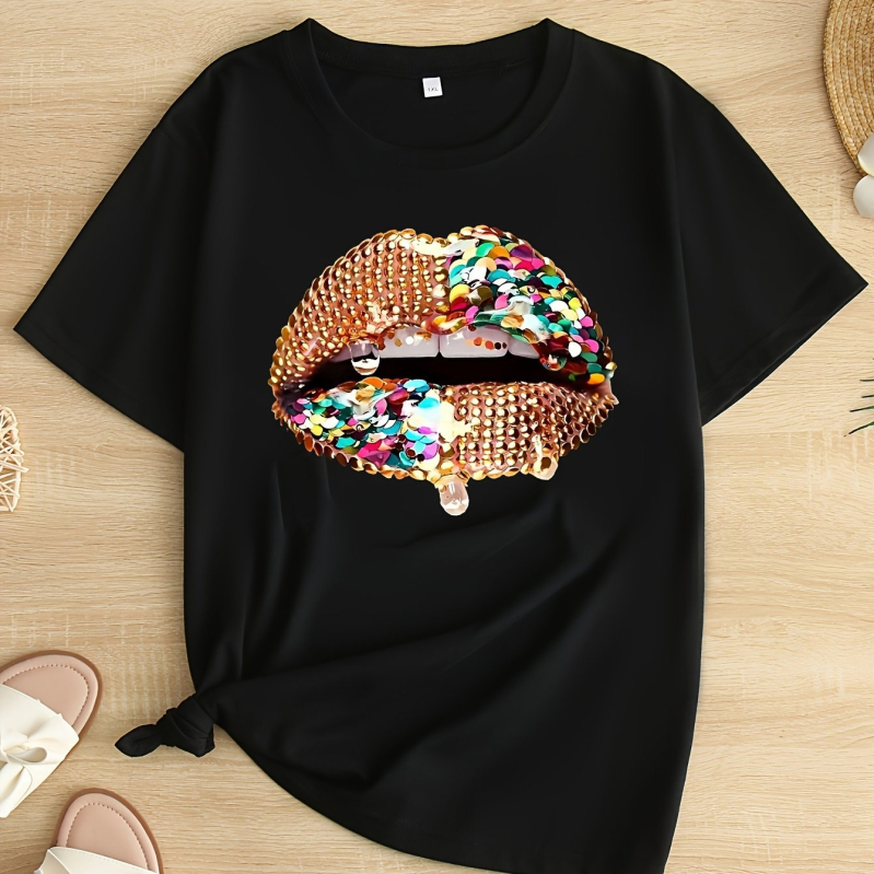 Női pamut T-shirt lazán szabott, kerek nyakú, rövid ujjú, nyomtatás, 90–95% pamut