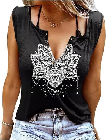 Βαμβακερό τοπ χωρίς μανίκια με εκτύπωση γραμμάτων, V-λαιμός, χαλαρή γραμμή