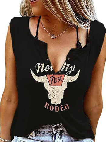 Памучен потник с принт на букви, без ръкави, V-образно деколте, свободна кройка