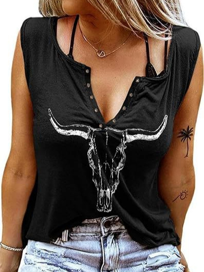 Памучен потник с принт на букви, без ръкави, V-образно деколте, свободна кройка