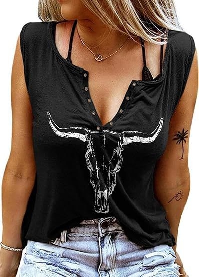 Памучен потник с принт на букви, без ръкави, V-образно деколте, свободна кройка