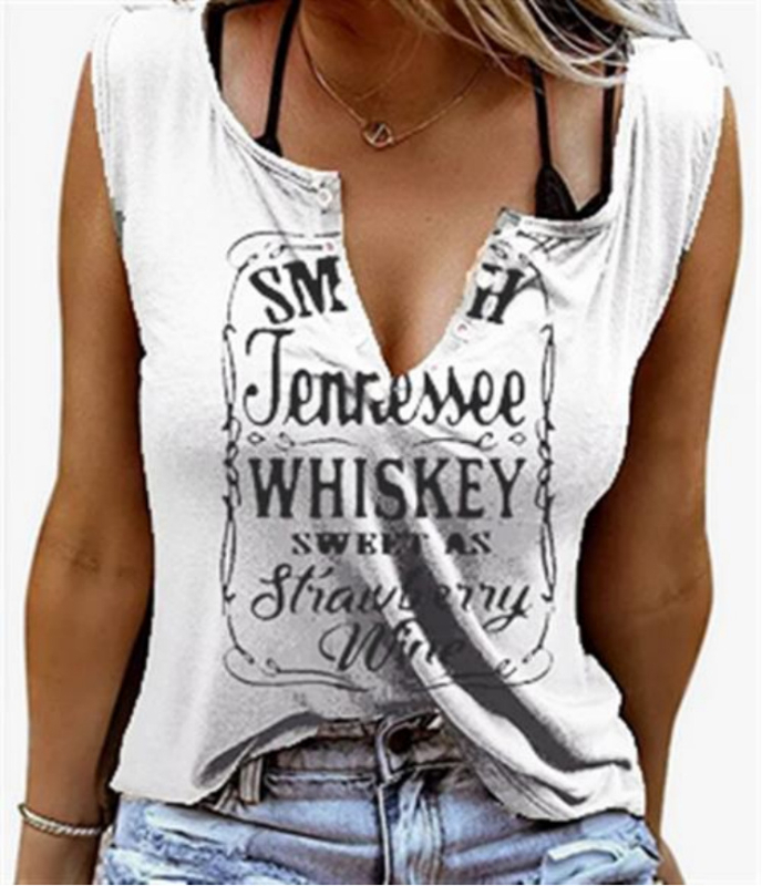 Памучен потник с принт на букви, без ръкави, V-образно деколте, свободна кройка