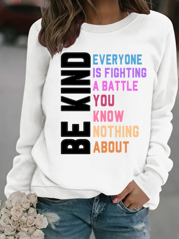 Női pulóver Be Kind Letter mintával, kerek nyakú, hosszú ujjú, 95% poliészter