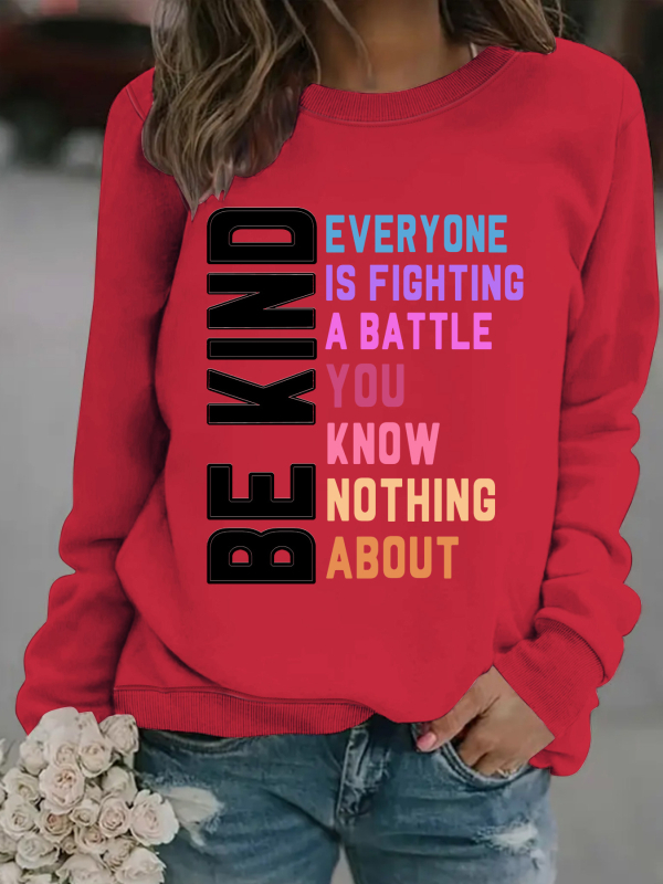 Női pulóver Be Kind Letter mintával, kerek nyakú, hosszú ujjú, 95% poliészter