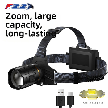 LED челна лампа с алуминиев корпус, 5400 mAh батерия, зум лъч, 360° въртене, обхват над 500 m, презареждаема, за нощен риболов и къмпинг