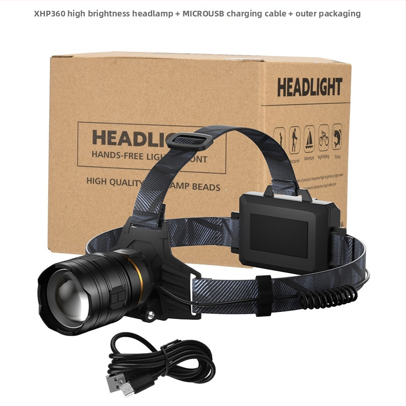 LED челна лампа с алуминиев корпус, 5400 mAh батерия, зум лъч, 360° въртене, обхват над 500 m, презареждаема, за нощен риболов и къмпинг