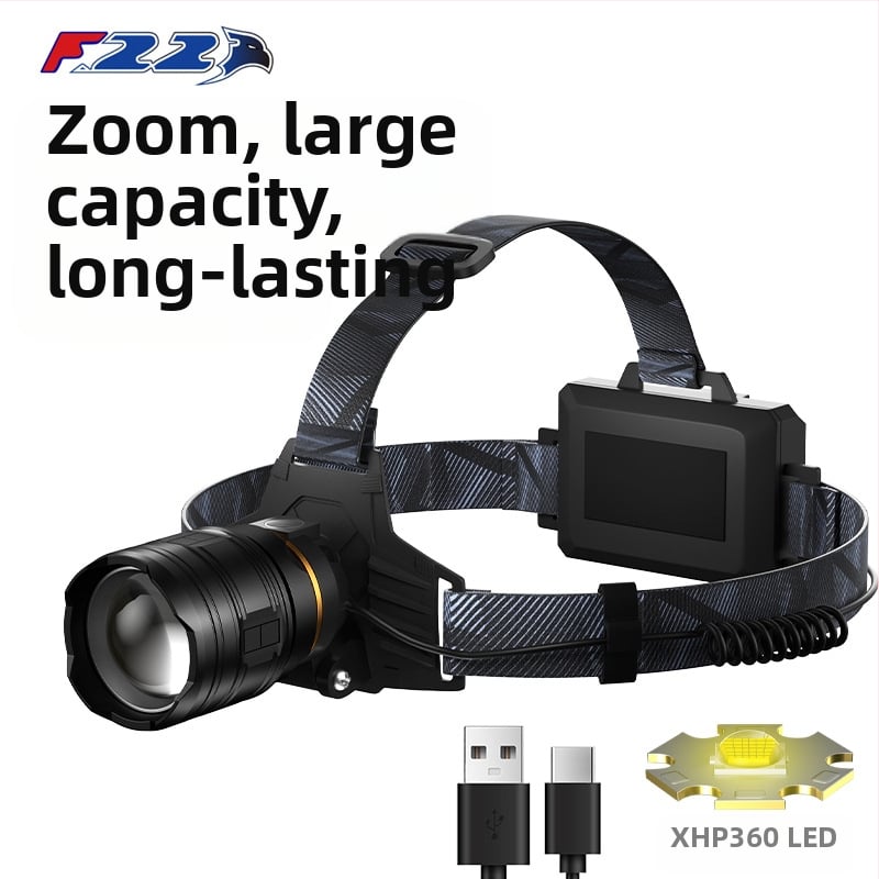 LED челна лампа с алуминиев корпус, 5400 mAh батерия, зум лъч, 360° въртене, обхват над 500 m, презареждаема, за нощен риболов и къмпинг
