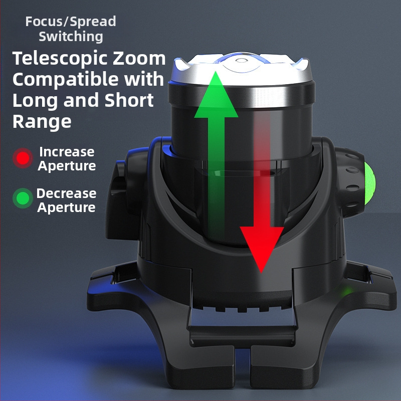 LED челник с T6, регулируем зум, USB зареждане, мощност 10W и батерия 1200mAh, 360° въртене, обхват 100–200 м
