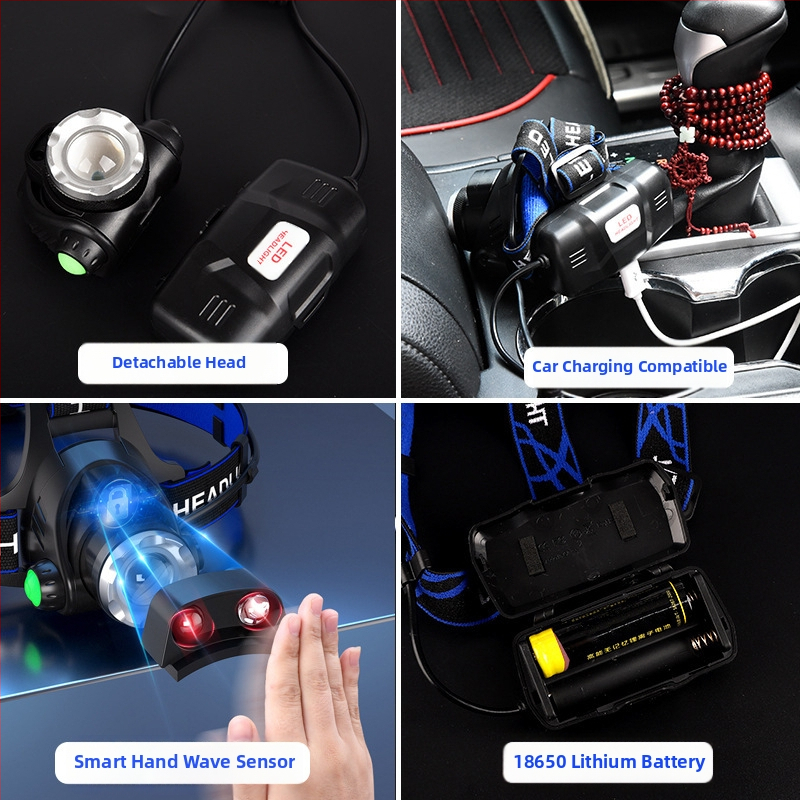 LED челник с T6, регулируем зум, USB зареждане, мощност 10W и батерия 1200mAh, 360° въртене, обхват 100–200 м