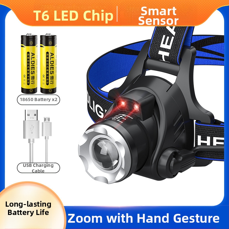 LED челник с T6, регулируем зум, USB зареждане, мощност 10W и батерия 1200mAh, 360° въртене, обхват 100–200 м