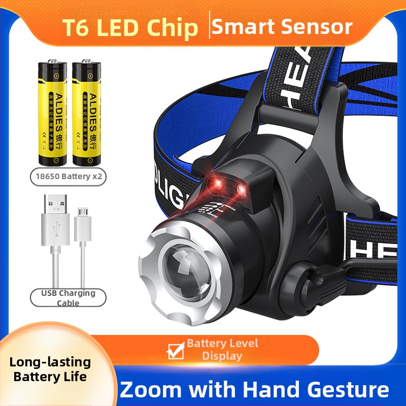 LED челник с T6, регулируем зум, USB зареждане, мощност 10W и батерия 1200mAh, 360° въртене, обхват 100–200 м