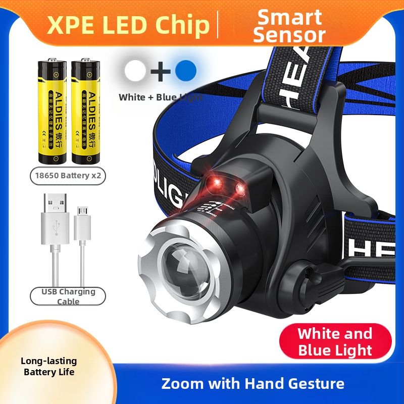 LED челник с T6, регулируем зум, USB зареждане, мощност 10W и батерия 1200mAh, 360° въртене, обхват 100–200 м