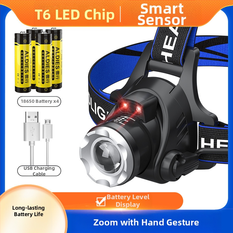 LED челник с T6, регулируем зум, USB зареждане, мощност 10W и батерия 1200mAh, 360° въртене, обхват 100–200 м