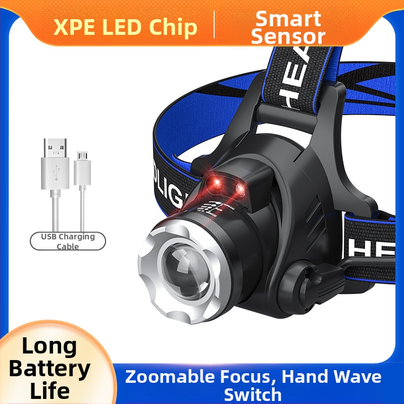 LED челник с T6, регулируем зум, USB зареждане, мощност 10W и батерия 1200mAh, 360° въртене, обхват 100–200 м