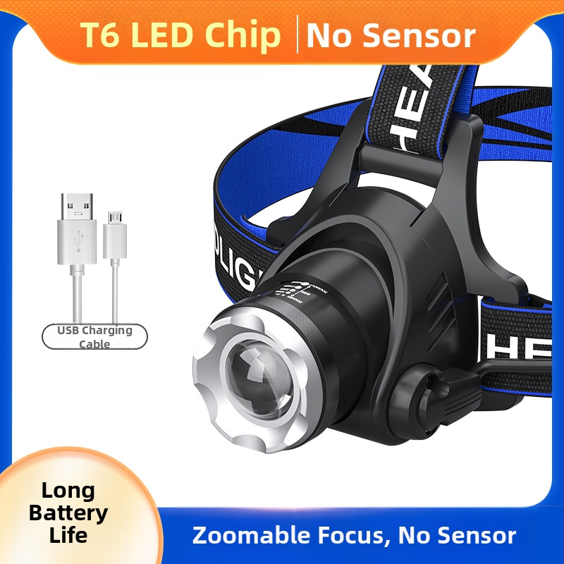 LED челник с T6, регулируем зум, USB зареждане, мощност 10W и батерия 1200mAh, 360° въртене, обхват 100–200 м