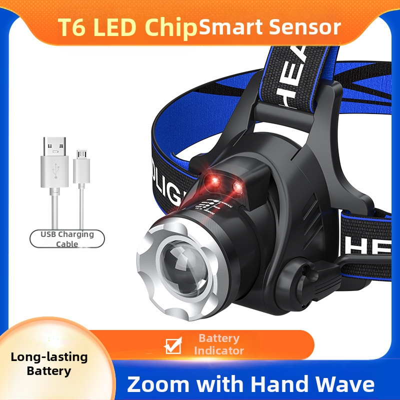 LED челник с T6, регулируем зум, USB зареждане, мощност 10W и батерия 1200mAh, 360° въртене, обхват 100–200 м
