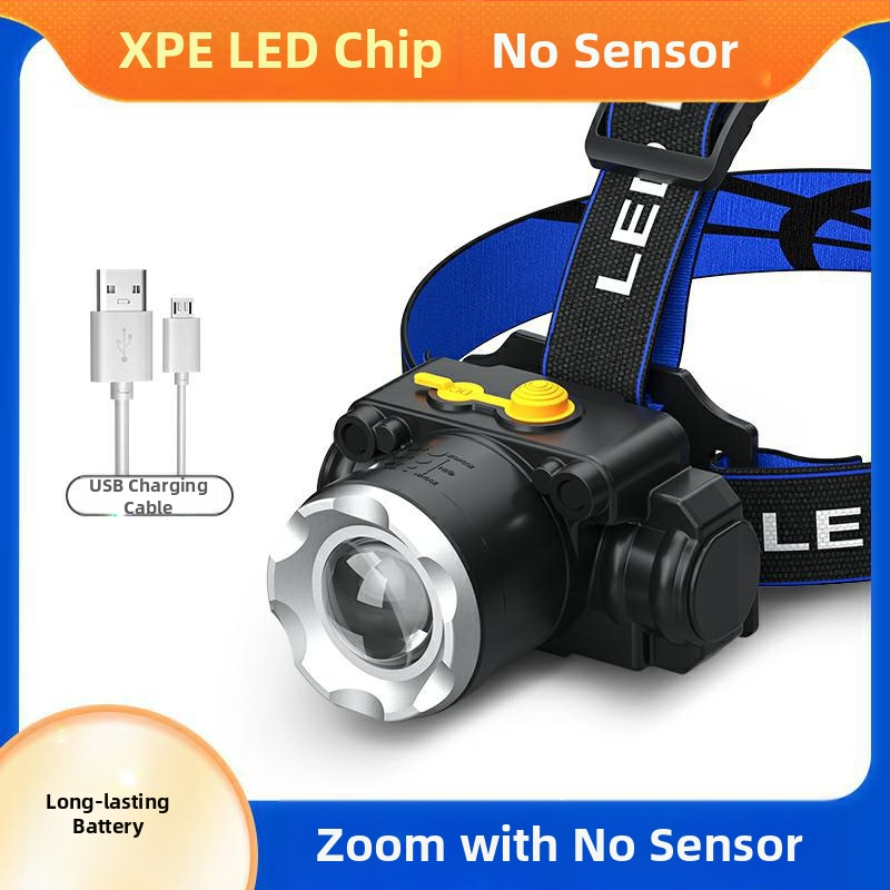 LED челник с T6, регулируем зум, USB зареждане, мощност 10W и батерия 1200mAh, 360° въртене, обхват 100–200 м