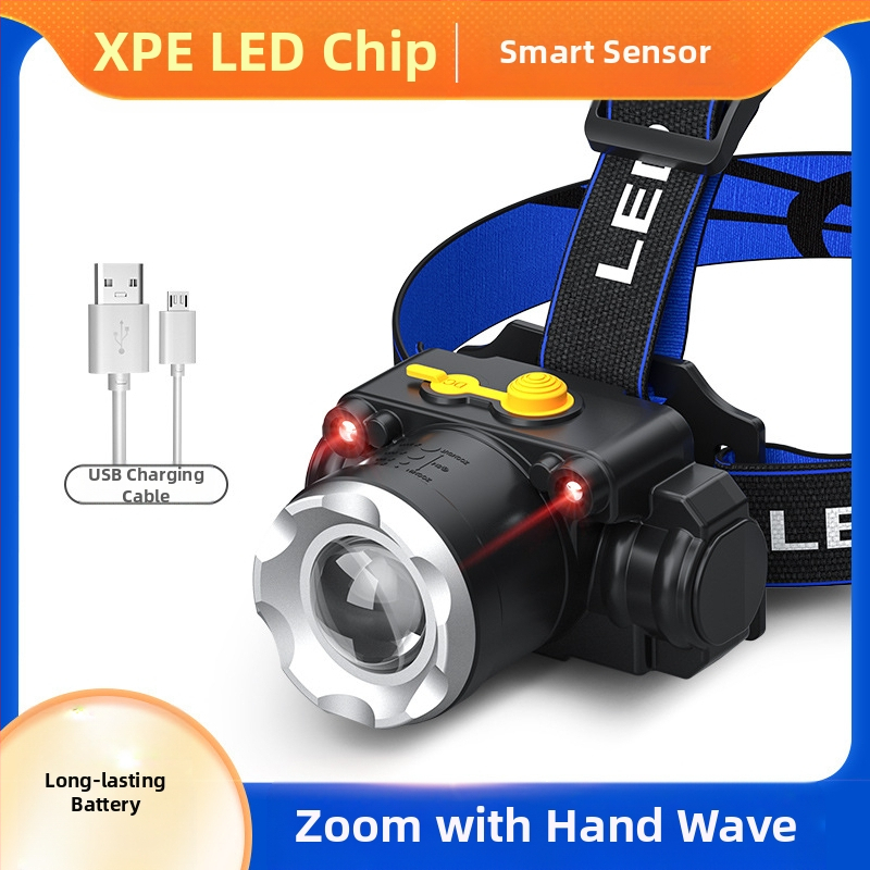 LED челник с T6, регулируем зум, USB зареждане, мощност 10W и батерия 1200mAh, 360° въртене, обхват 100–200 м