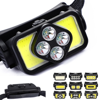 Galvos žibintas su COB LED, USB įkrovimas, 30 W, 1200 mAh, spindulys 200–500 m, kempingui ir lauko veiklai