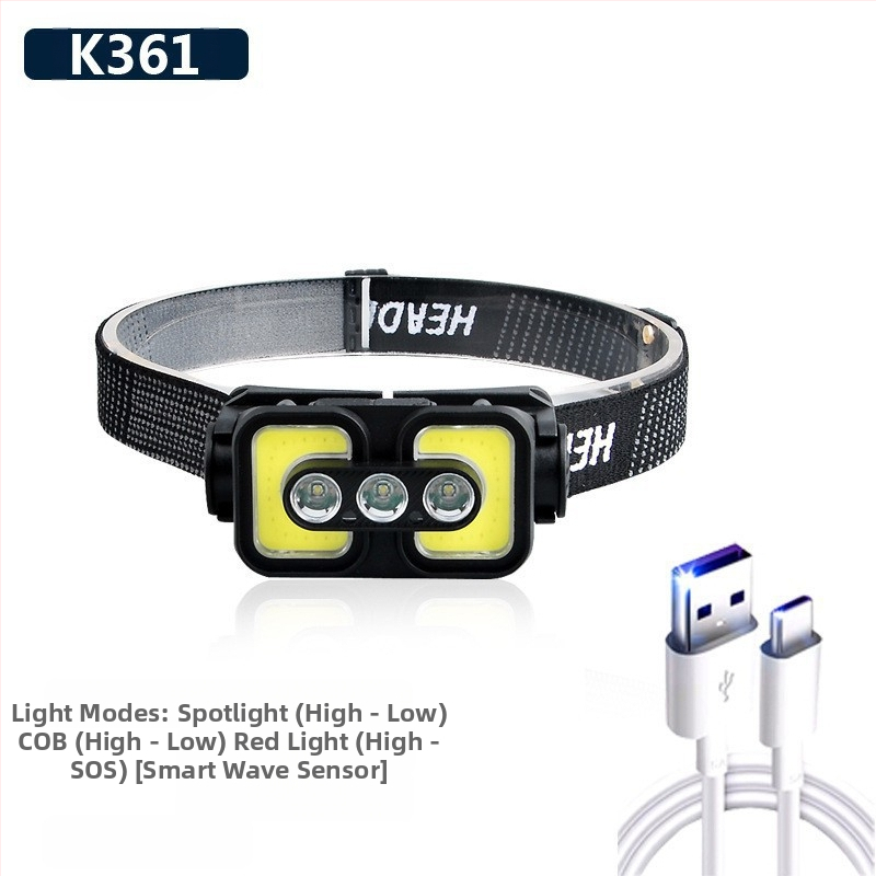 Galvos žibintas su COB LED, USB įkrovimas, 30 W, 1200 mAh, spindulys 200–500 m, kempingui ir lauko veiklai