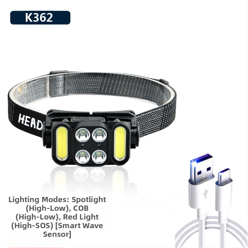 Galvos žibintas su COB LED, USB įkrovimas, 30 W, 1200 mAh, spindulys 200–500 m, kempingui ir lauko veiklai