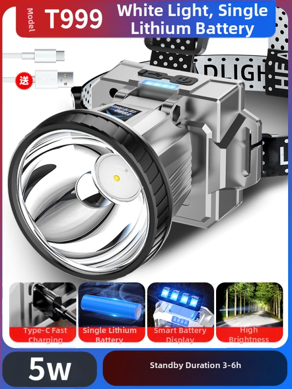 Dobíjateľná LED čelovka Type-C pre nočný rybolov a kempovanie — 10W, 1200mAh, hlavový pás, lúč 200–500 m