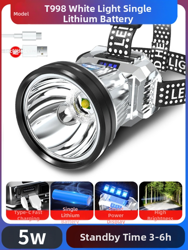 Dobíjateľná LED čelovka Type-C pre nočný rybolov a kempovanie — 10W, 1200mAh, hlavový pás, lúč 200–500 m