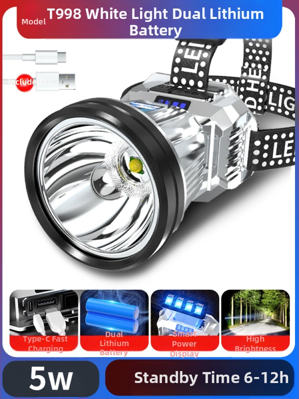 Dobíjateľná LED čelovka Type-C pre nočný rybolov a kempovanie — 10W, 1200mAh, hlavový pás, lúč 200–500 m