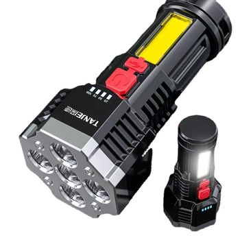 Ötmagos LED kézibeszélő zseblámpa USB töltéssel, kültéri, többfunkciós hosszú fényhatás, hatótáv 100–200 m, 360°-os forgás