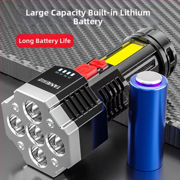 Φακός χειρός LED με πέντε πυρήνες, USB επαναφορτιζόμενος, για εξωτερική χρήση, πολυλειτουργικός μακρινός φωτισμός, εμβέλεια 100–200 μ, περιστροφή 360°